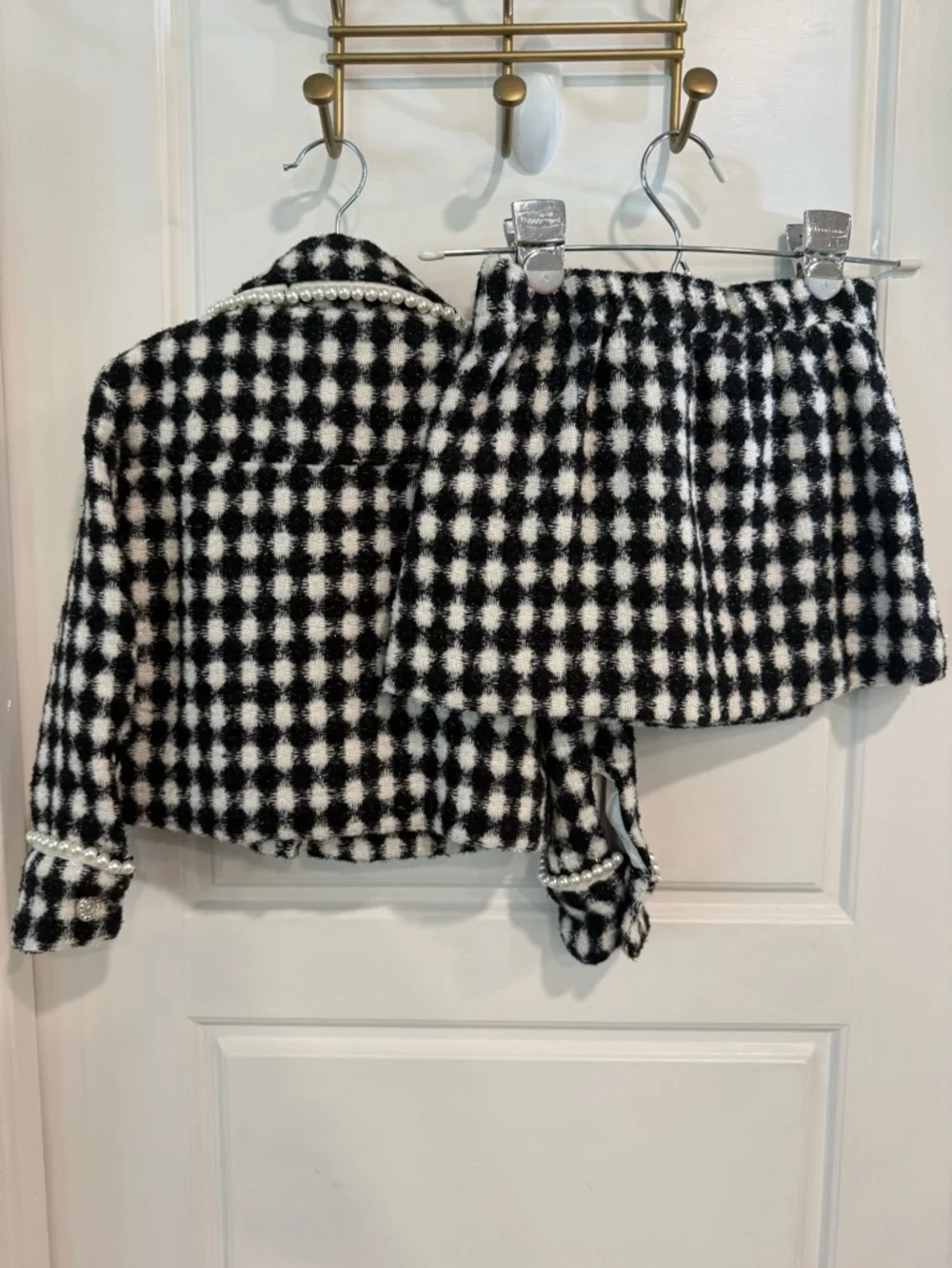 GB Girls Skirt Jacket Set Tweed 3T Black White Pearl Trim NWT